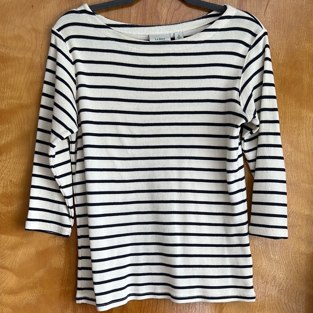 L.L. Bean Women's Striped Cream and Navy Top